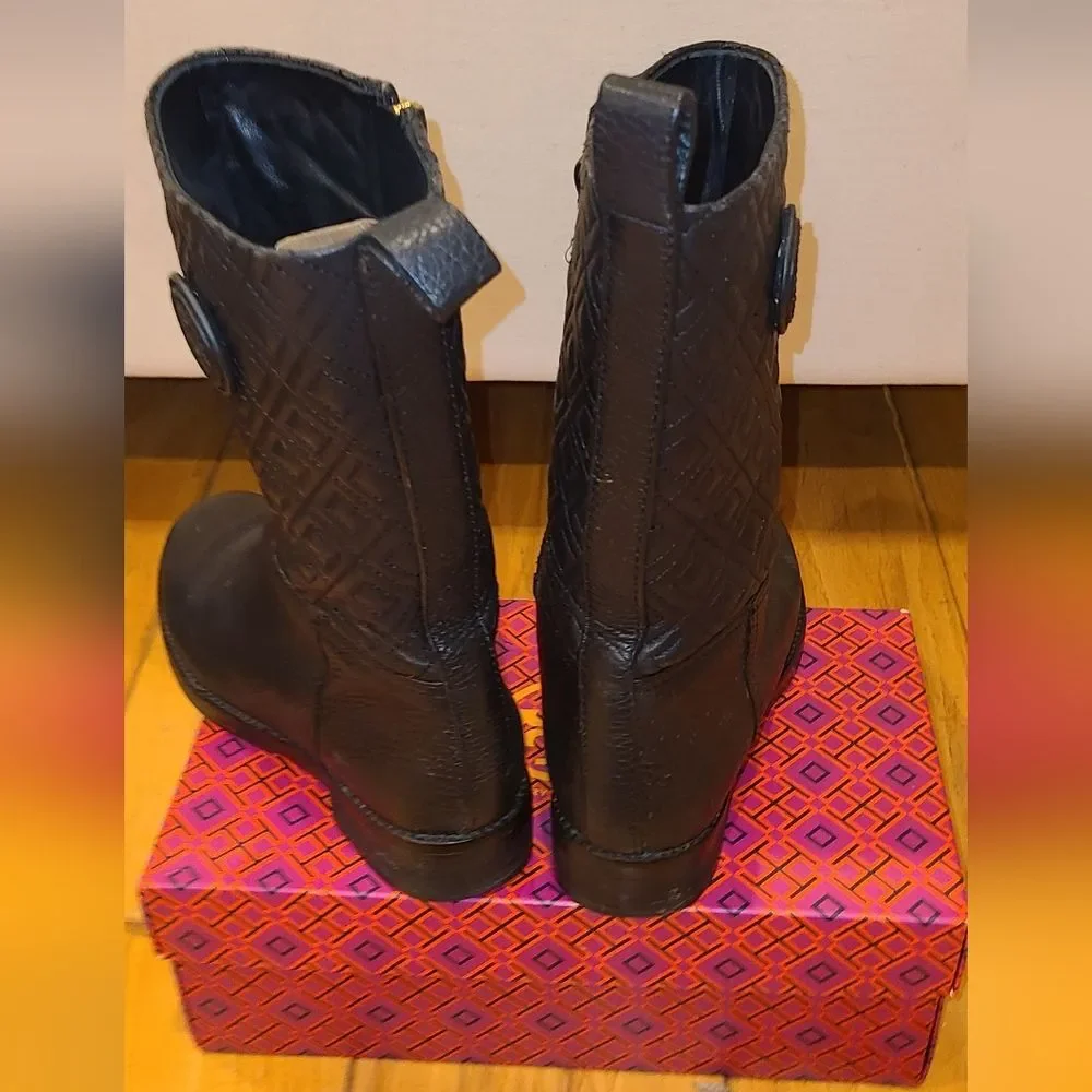 Tory Burch Designer Marion Black Leather Quilted Riding Boots 7